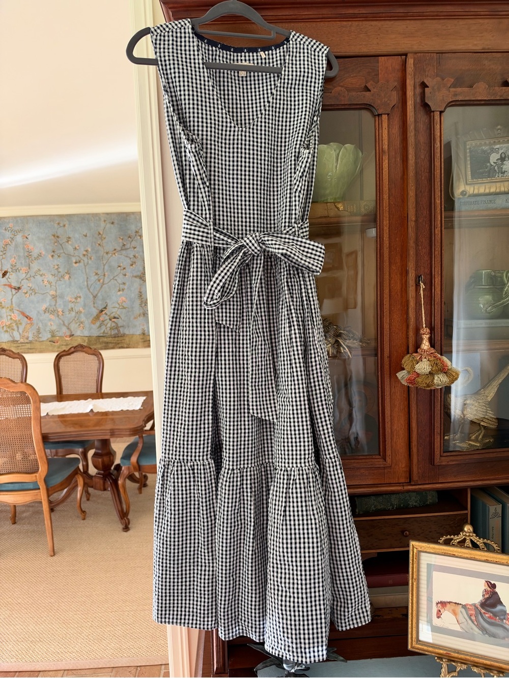 Barbour Harebell Sleeveless Navy and White Gingham Tie-Waist Midi Dress Sz 10